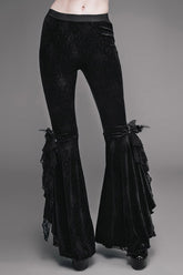 Black Gothic Lace Hem Embossed Velvet Flare Womens Pants